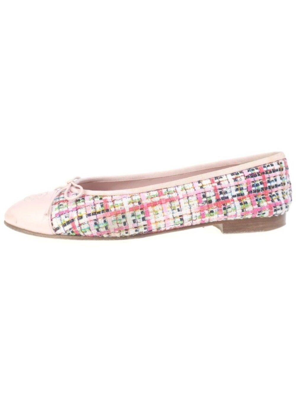 Chanel CC Logo Pumps Ballet Shoes Flat Pink Tweed Xleather